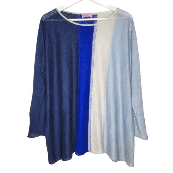 JENNIFER‎ T Linen Nautical Sweater Striped Blue Oversized Women's Sz S M Coastal - Picture 1 of 9
